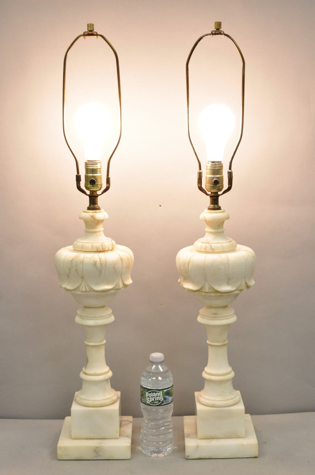 Antique French Empire Carved Italian White Marble Victorian Table Lamps - a Pair