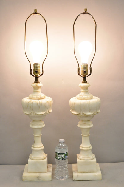 Antique French Empire Carved Italian White Marble Victorian Table Lamps - a Pair