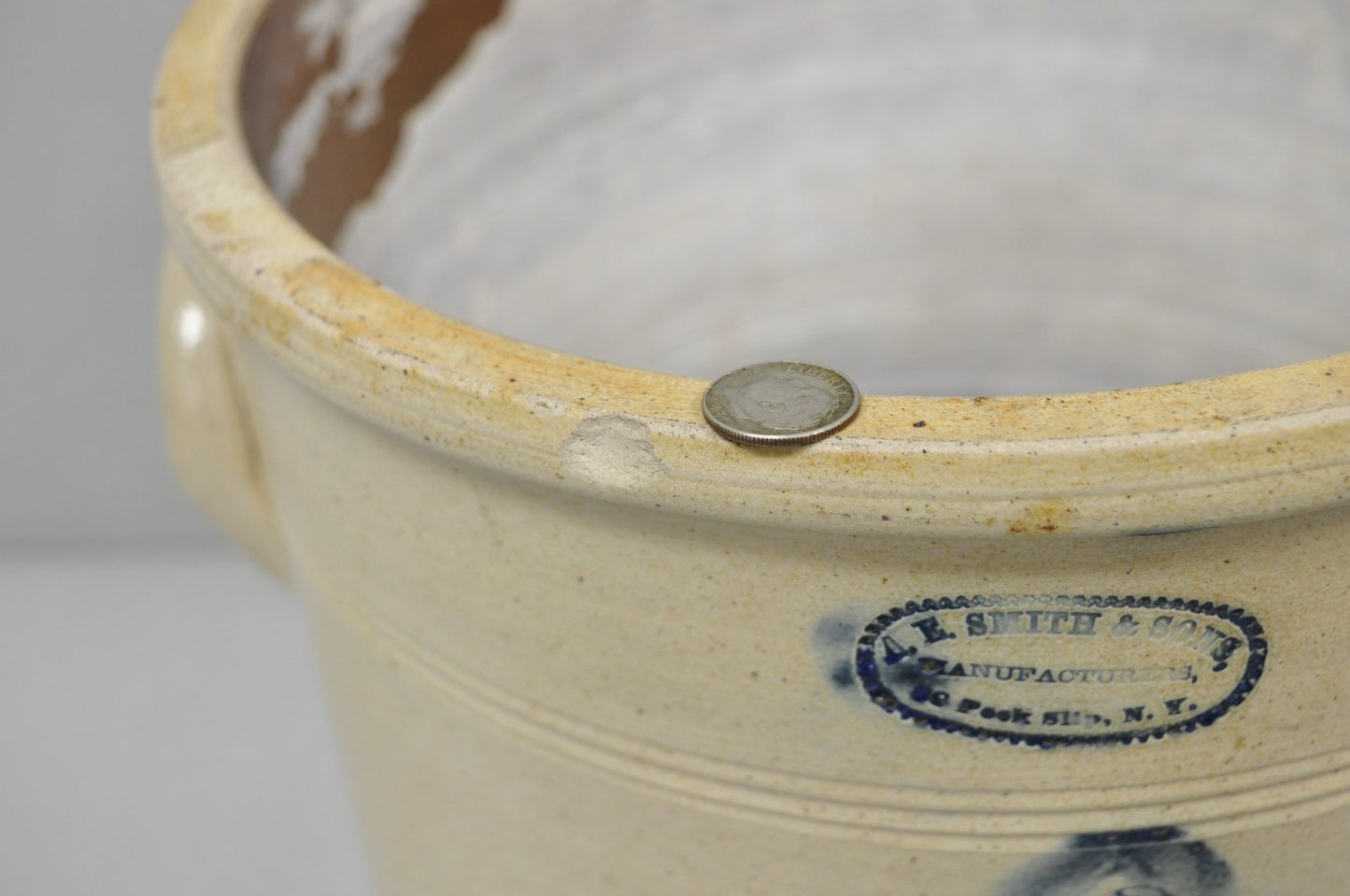 Antique A.E. Smith & Sons Cobalt Blue Painted Flower 3 Gallon Stoneware Crock