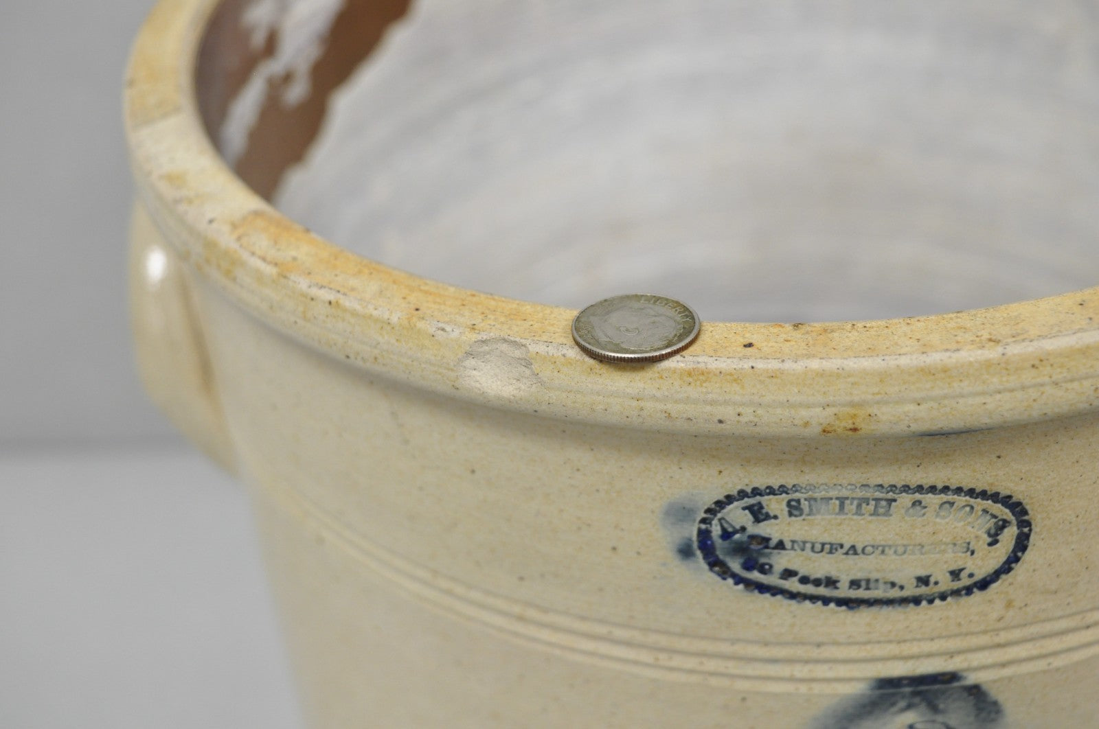 Antique A.E. Smith & Sons Cobalt Blue Painted Flower 3 Gallon Stoneware Crock