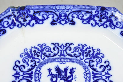 Antique Flow Blue and White Transferware Ironstone Platter Dish w Chinese Dragon