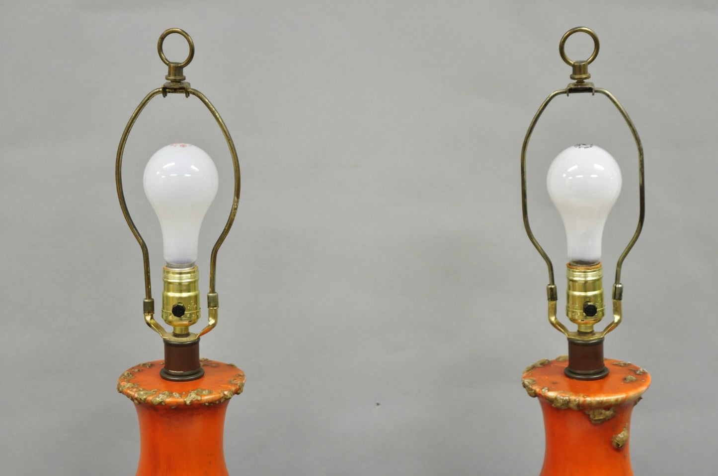 Vintage Mid Century Modern Orange Drip Lava Glaze Large Pottery Table Lamp Pair