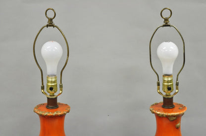 Vintage Mid Century Modern Orange Drip Lava Glaze Large Pottery Table Lamp Pair