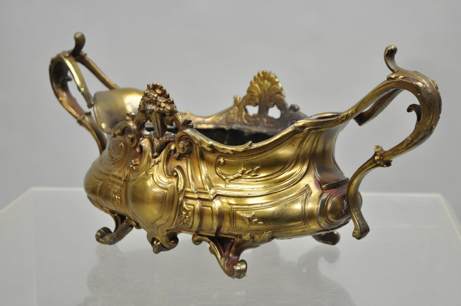 French Art Nouveau Louis XV Gold Spelter Metal Planter Jardiniere Centerpiece
