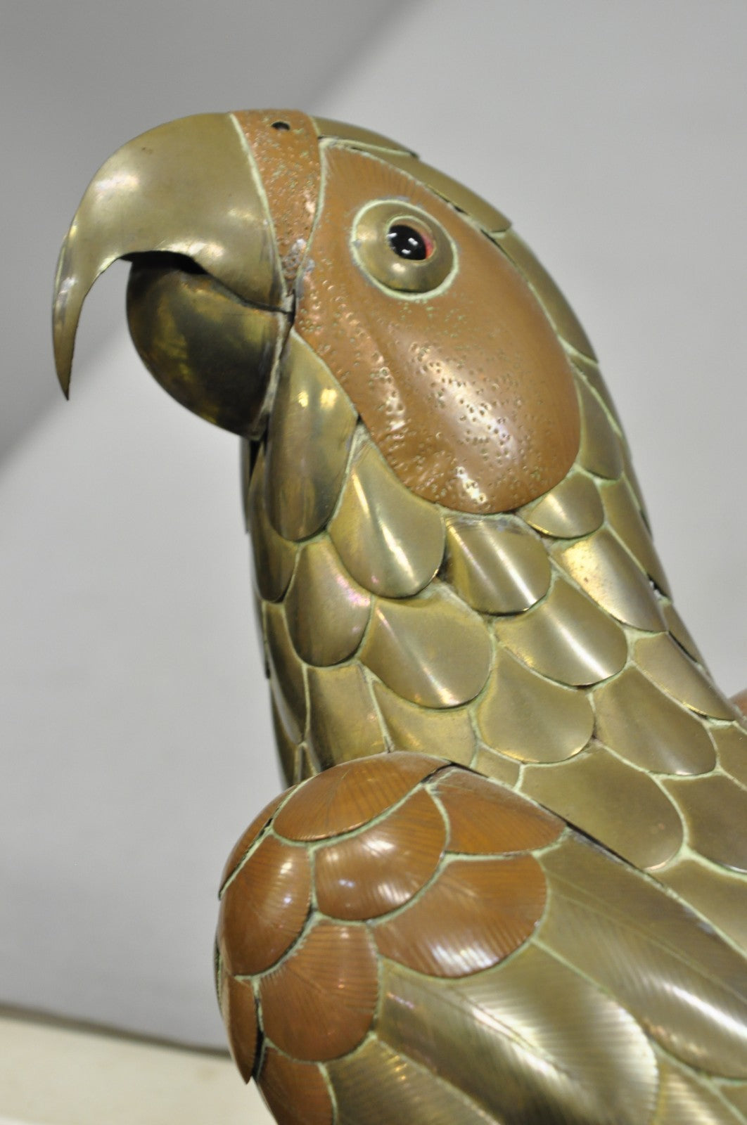 Vintage Sergio Bustamante Style Brass & Copper Parrot Swing Hanging Sculpture