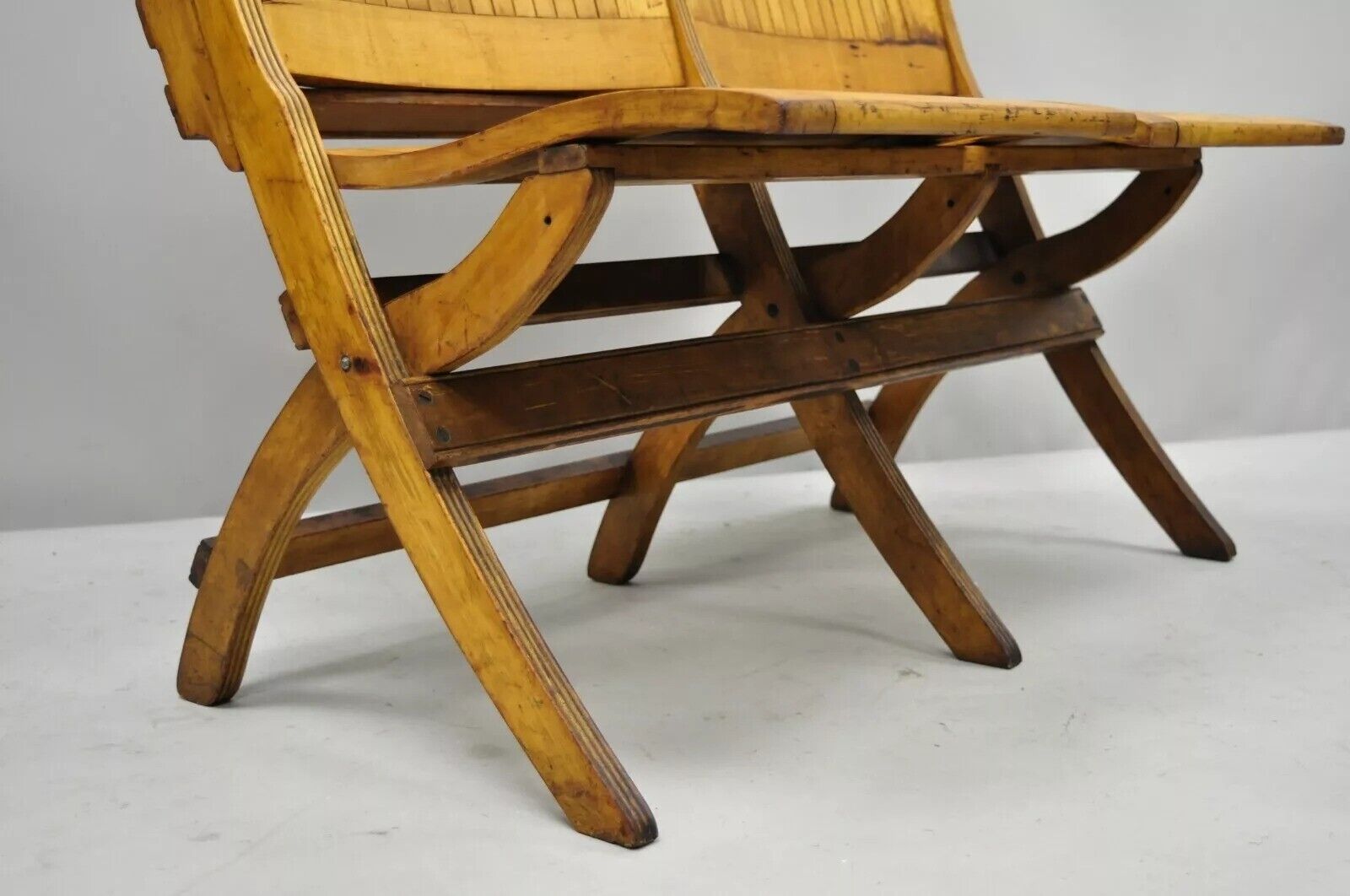 Antique Vintage Wood Slat Double Folding Theater Seat School Chair Old Bench