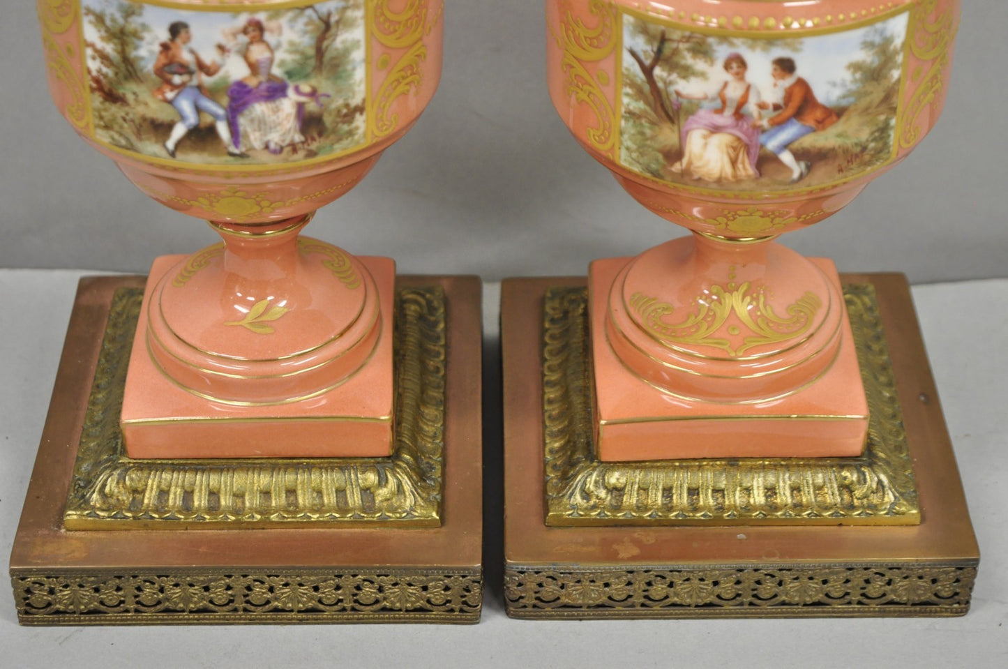 Antique French Victorian Paris Porcelain Coral Figural Painted Table Lamps, Pair