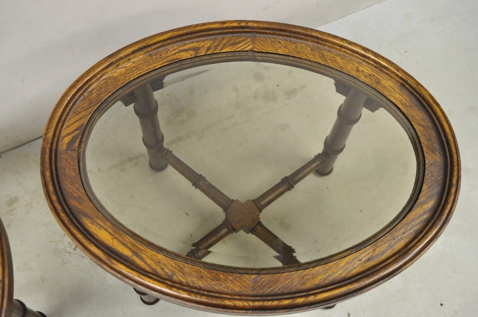 Vintage Chinese Chippendale Faux Bamboo Oval Small Glass Top Side End Table Pair