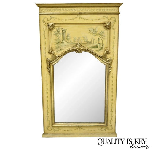 Antique Italian Neoclassical Giltwood Hand Painted 59" Trumeau Wall Mirror