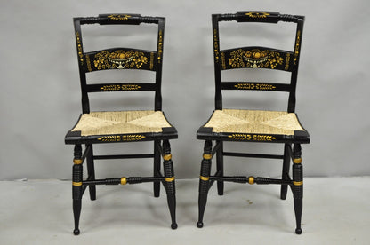 Vintage Nichols & Stone Hitchcock Harvest Stencil Painted Black Side Chair Pair