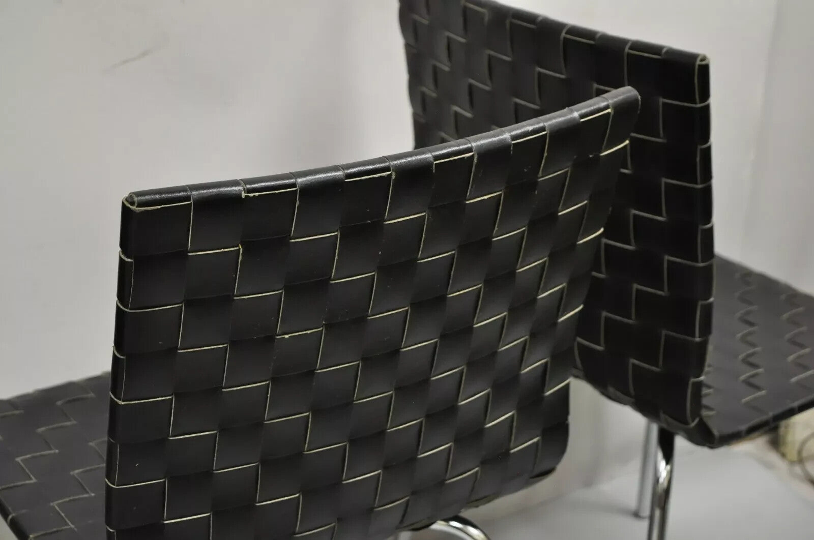 Contemporary Modern Black Woven Leather Chrome Frame Dining Chairs - Set of 4