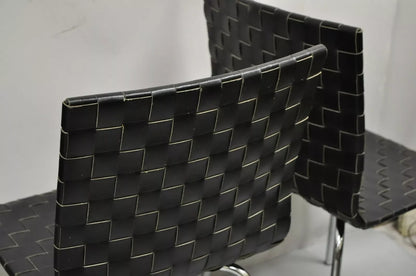 Contemporary Modern Black Woven Leather Chrome Frame Dining Chairs - Set of 4