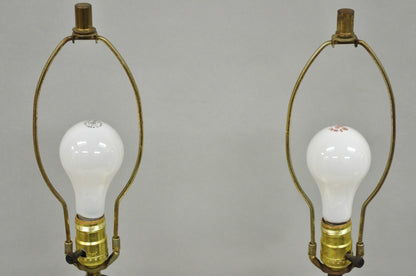 Vintage Mid Century Modern White Blue Ceramic Pottery Teak Table Lamps - a Pair