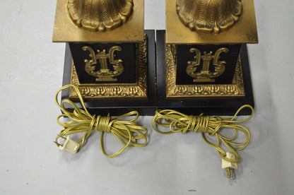 Antique French Empire Style Figural Black & Gold Tall Column Table Lamps - Pair