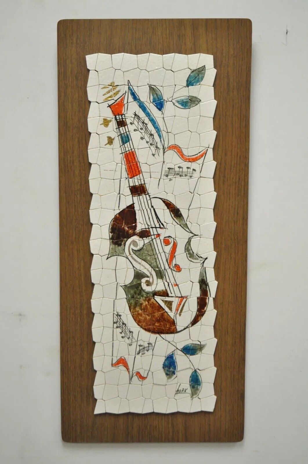 Vintage Andre Mid Century Modernist Abstract Music Instrument Tile Wall Art Pair