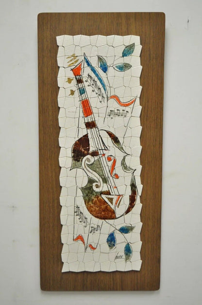 Vintage Andre Mid Century Modernist Abstract Music Instrument Tile Wall Art Pair