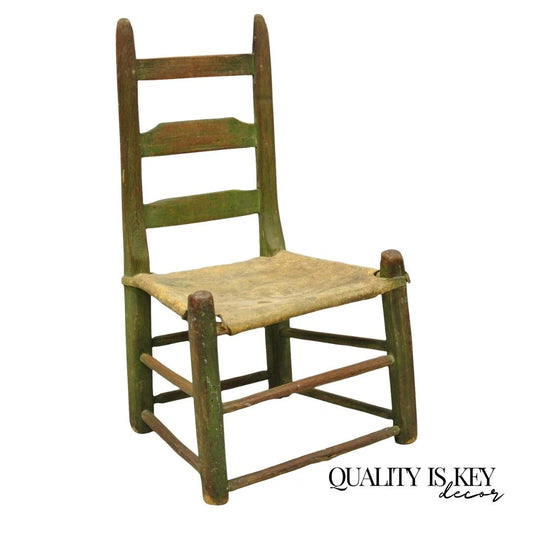 Antique Small Ladder Back Green Primitive Rustic Childs Chair w/ Deer Hide Seat