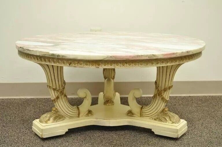French Empire Neoclassical Cornucopia Base Round Pink Marble Top Coffee Table