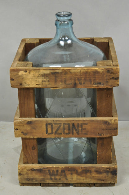 Vintage Great Bear Blue 5 Gallon Glass Carboy Jug in Wooden Crate