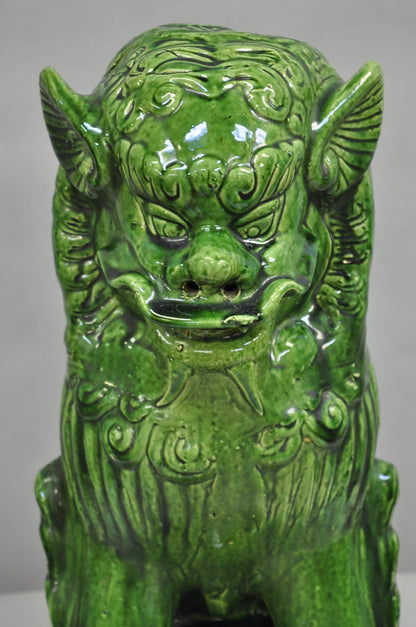 Vintage Chinoiserie Green Majolica Glazed Ceramic 24" Chinese Foo Dog Statue