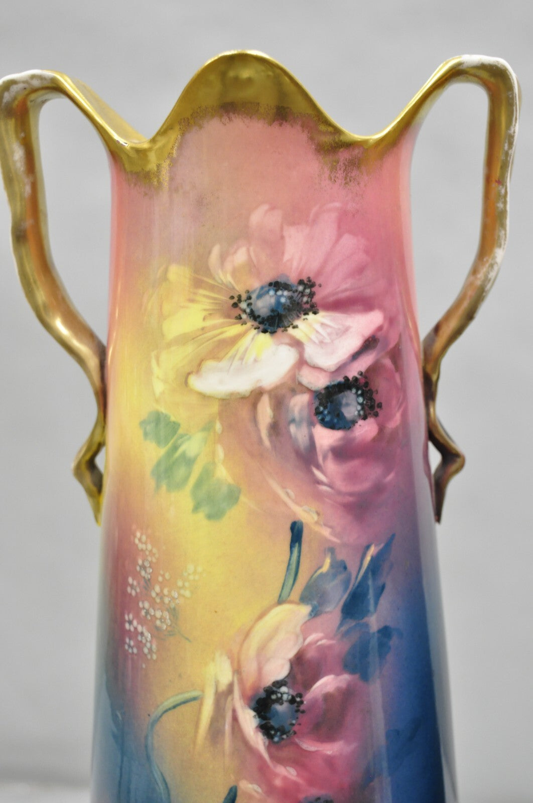 French Art Nouveau Floral Painted Blue Pink Porcelain Austrian 17" Vase - Pair