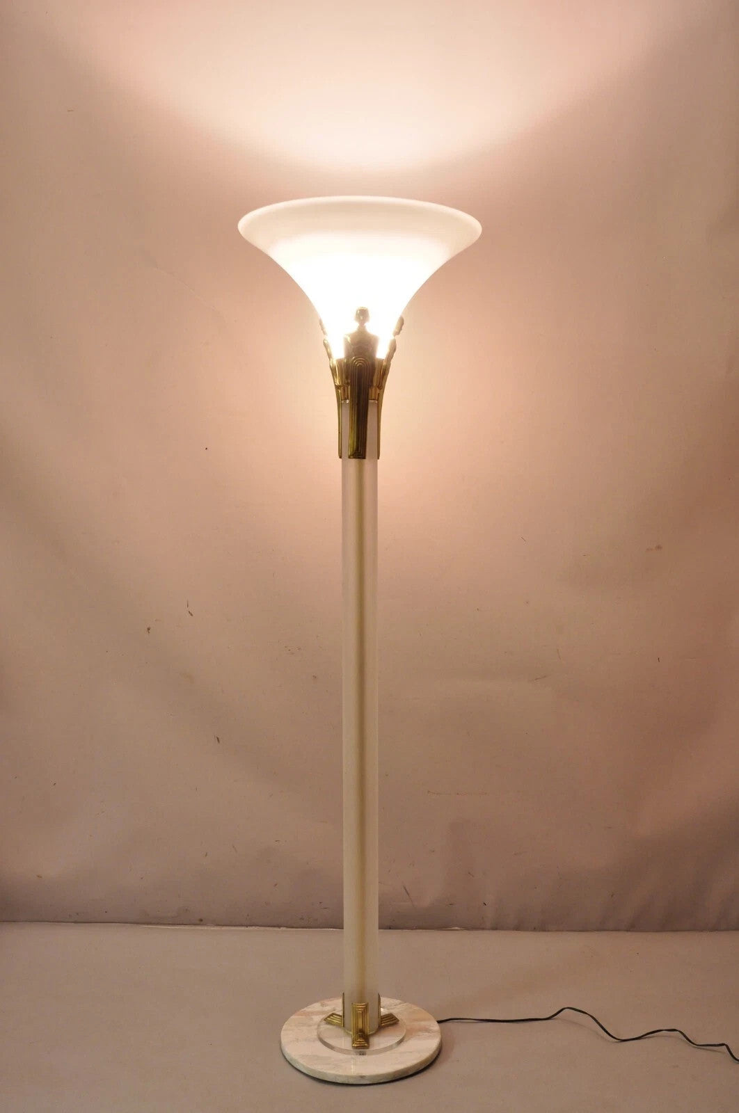 Vintage Postmodern Art Deco Figural Frosted Acrylic & Glass Torchiere Floor Lamp