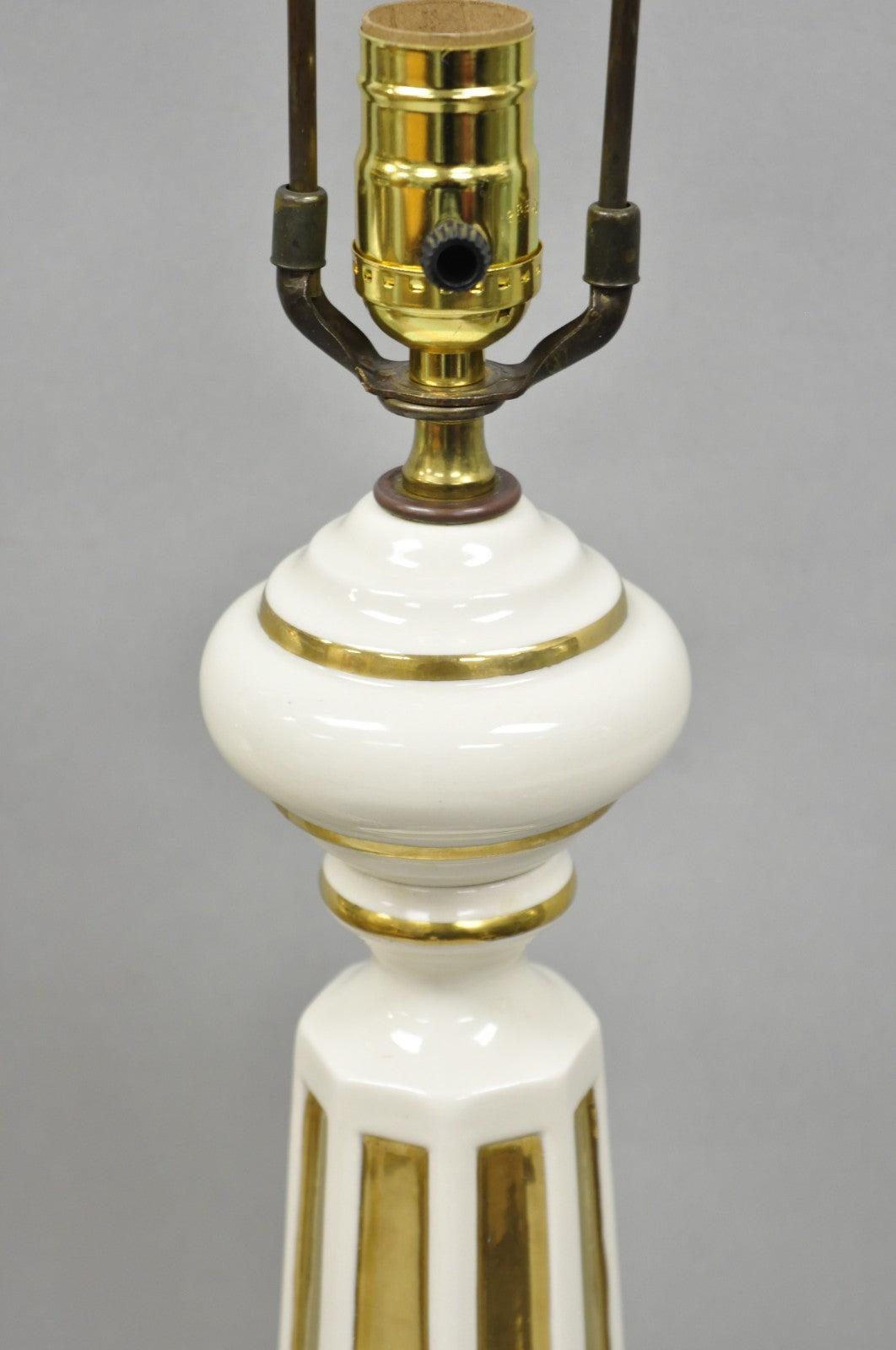 Vintage Italian Hollywood Regency Cream & Gold Porcelain Column Table Lamp, Pair