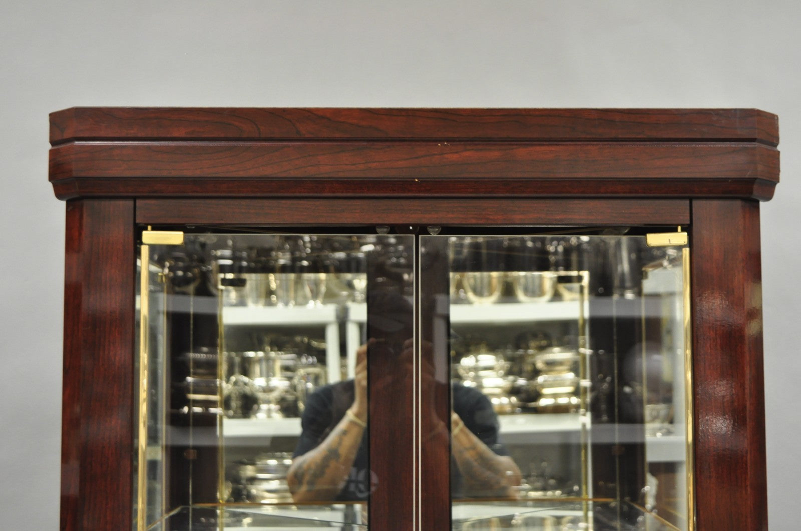 Contemporary Faux Cherry Wood Mirror Glass Corner Curio Display Case Cabinet