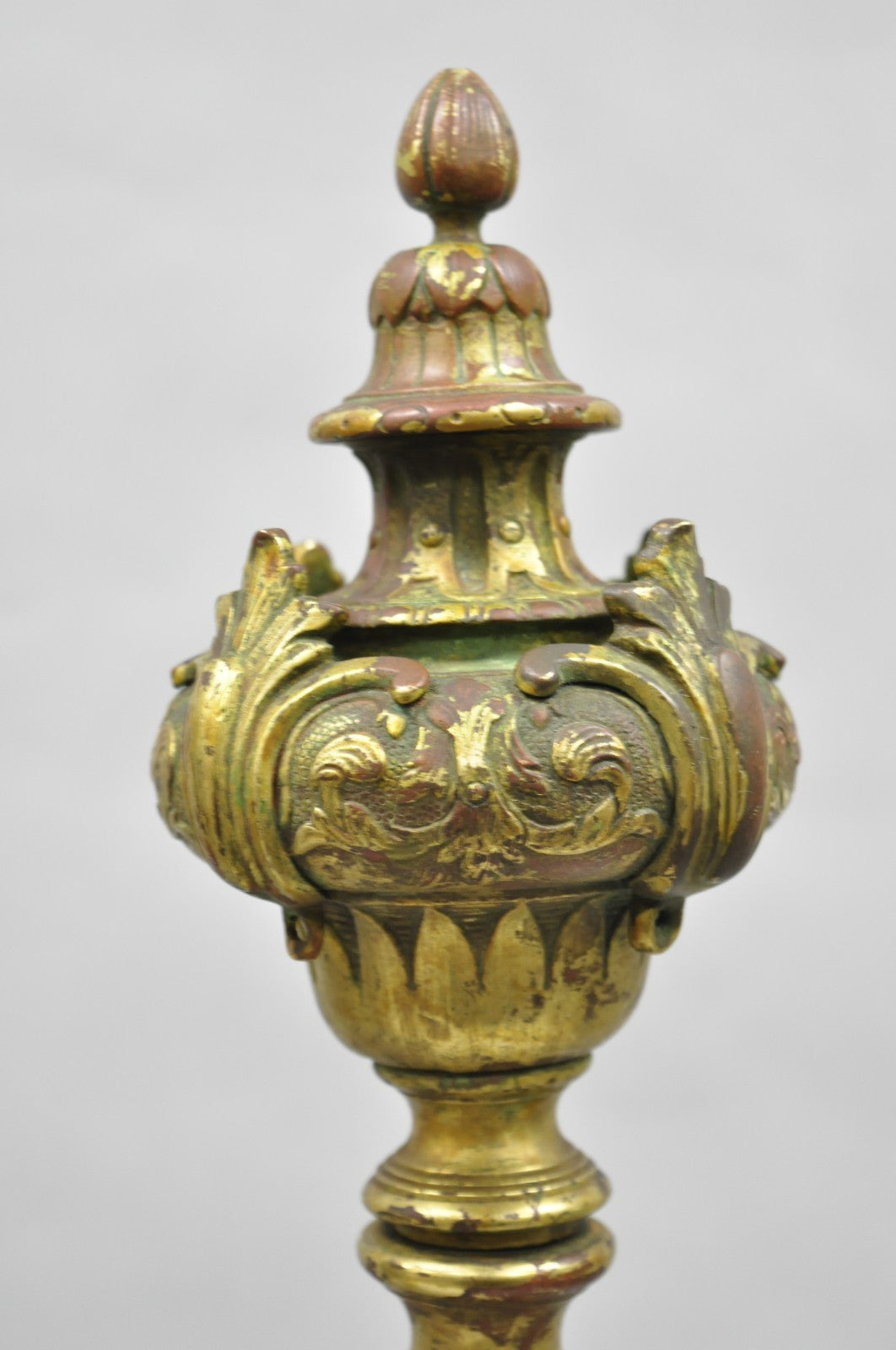 Antique French Baroque Louis XV Style Bronze Brass Andirons with Patina - a Pair