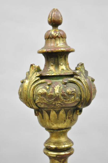 Antique French Baroque Louis XV Style Bronze Brass Andirons with Patina - a Pair