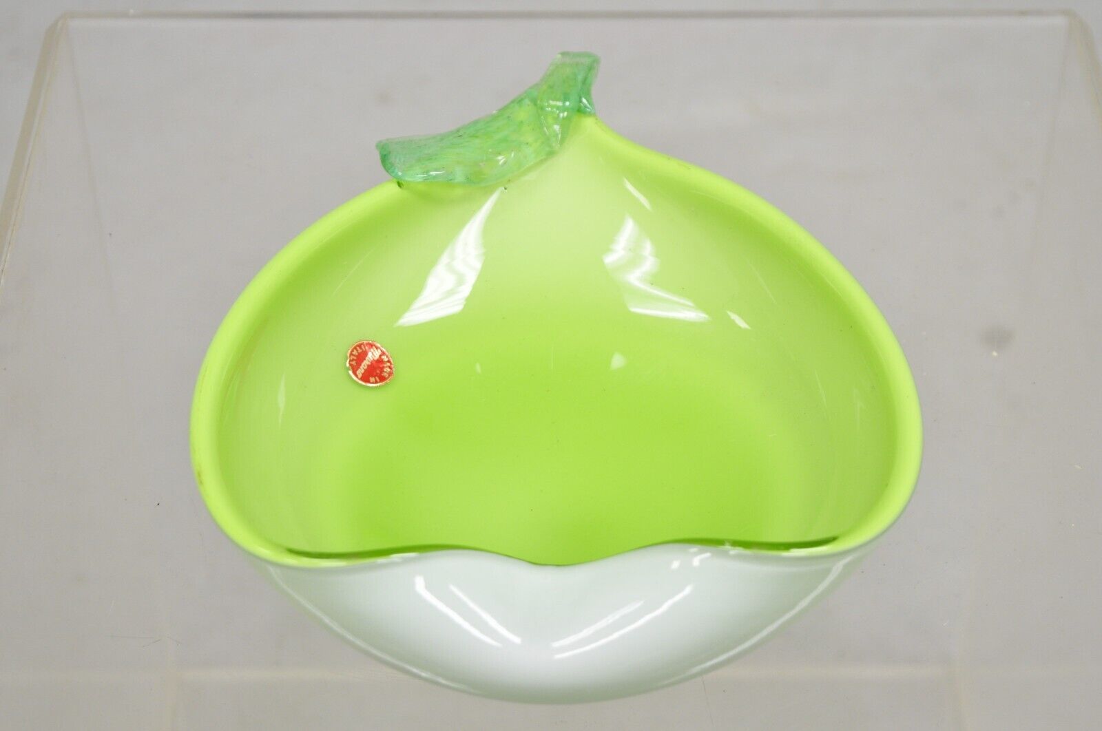 Italian Barbini Murano Art Glass Pear Shaped Green & White Bowl Trinket Dish