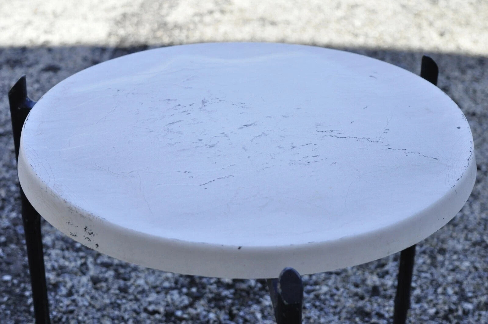 Vintage Aluminum Faux Bamboo Round Fiberglass Pool Patio Side Tables - a Pair