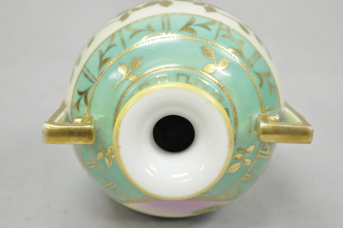Antique Nippon Hand Painted Porcelain Windmill Scene Green Small Bolted Vase
