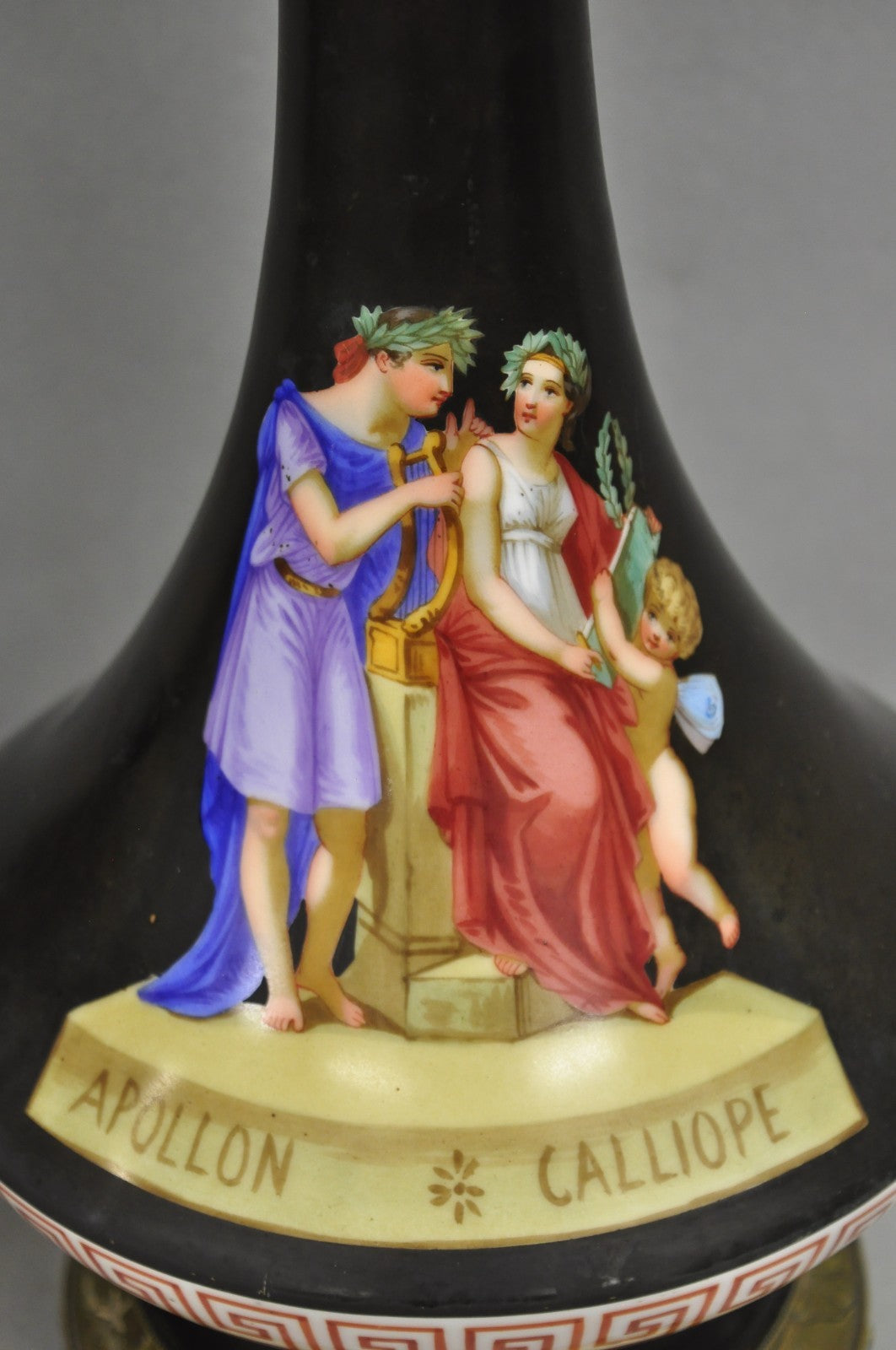 Antique French Neoclassical Bronze & Black Porcelain Painted Table Lamps - Pair