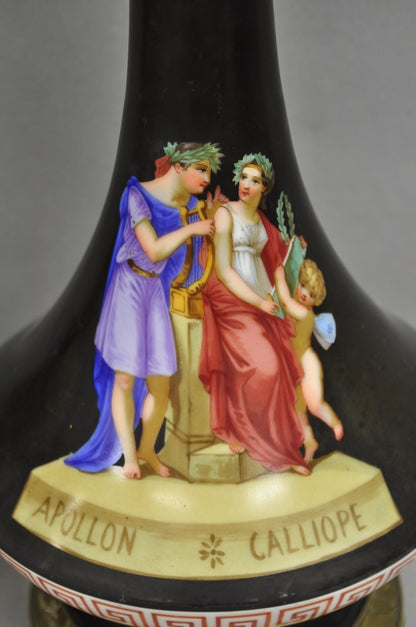 Antique French Neoclassical Bronze & Black Porcelain Painted Table Lamps - Pair