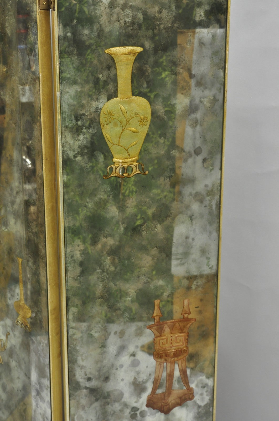 Antique Chinoiserie Oriental Eglomise Antiqued Mirror Glass 3 Panel Room Screen