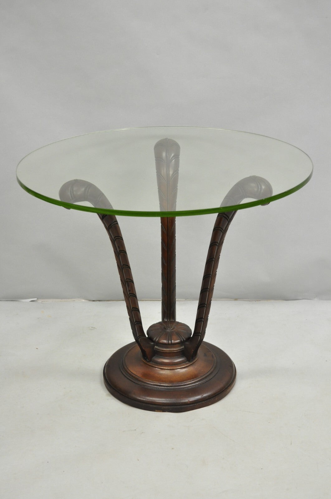 Vintage Grosfeld House Hollywood Regency Carved Mahogany Plume Round Side Table