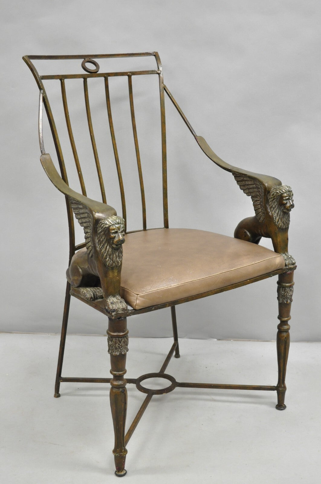 Vintage Egyptian Revival Lion Sphinx Wrought Iron Regency Style Arm Chair