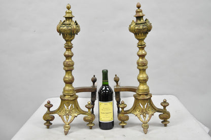 Antique French Baroque Louis XV Style Bronze Brass Andirons with Patina - a Pair
