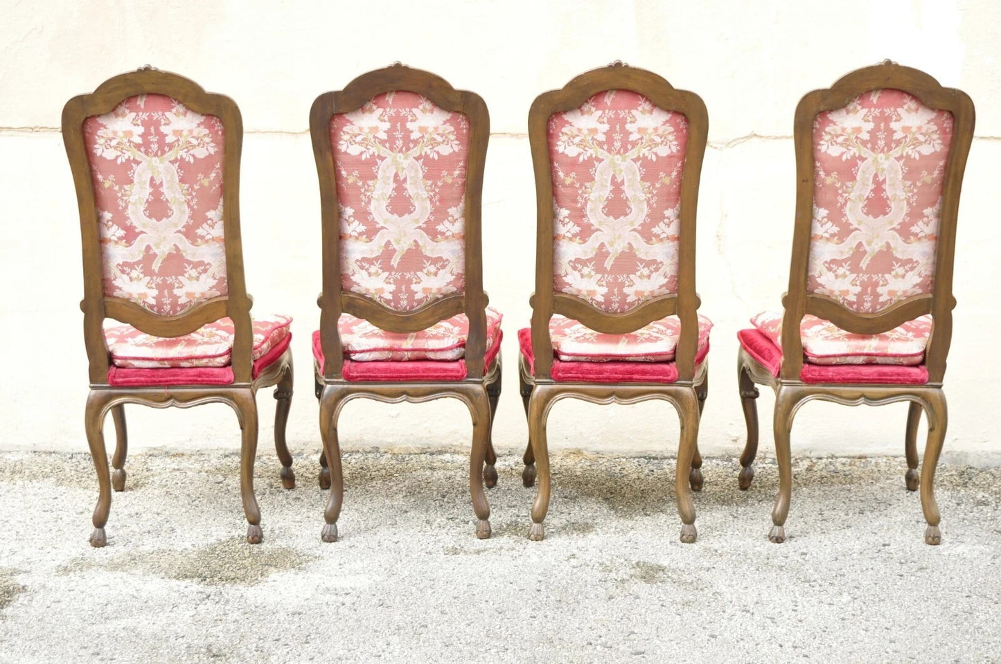 Vintage Italian Regency Style Carved Walnut Red Fabric Dining Chairs - Set of 6