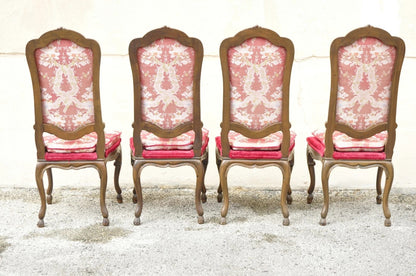 Vintage Italian Regency Style Carved Walnut Red Fabric Dining Chairs - Set of 6