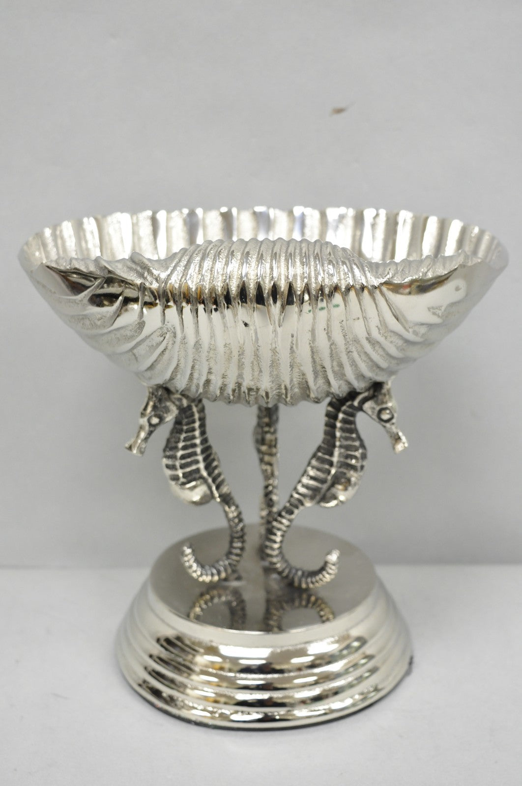 Decorative Nautical Silver Plated Seahorse Clamshell Pedestal Compote Candy Dish