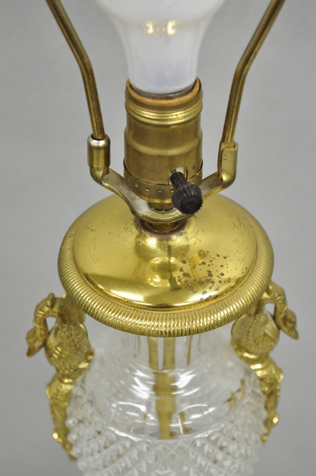 French Empire Regency Baccarat Style Glass Crystal Urn Table Lamp w/ Brass Swans