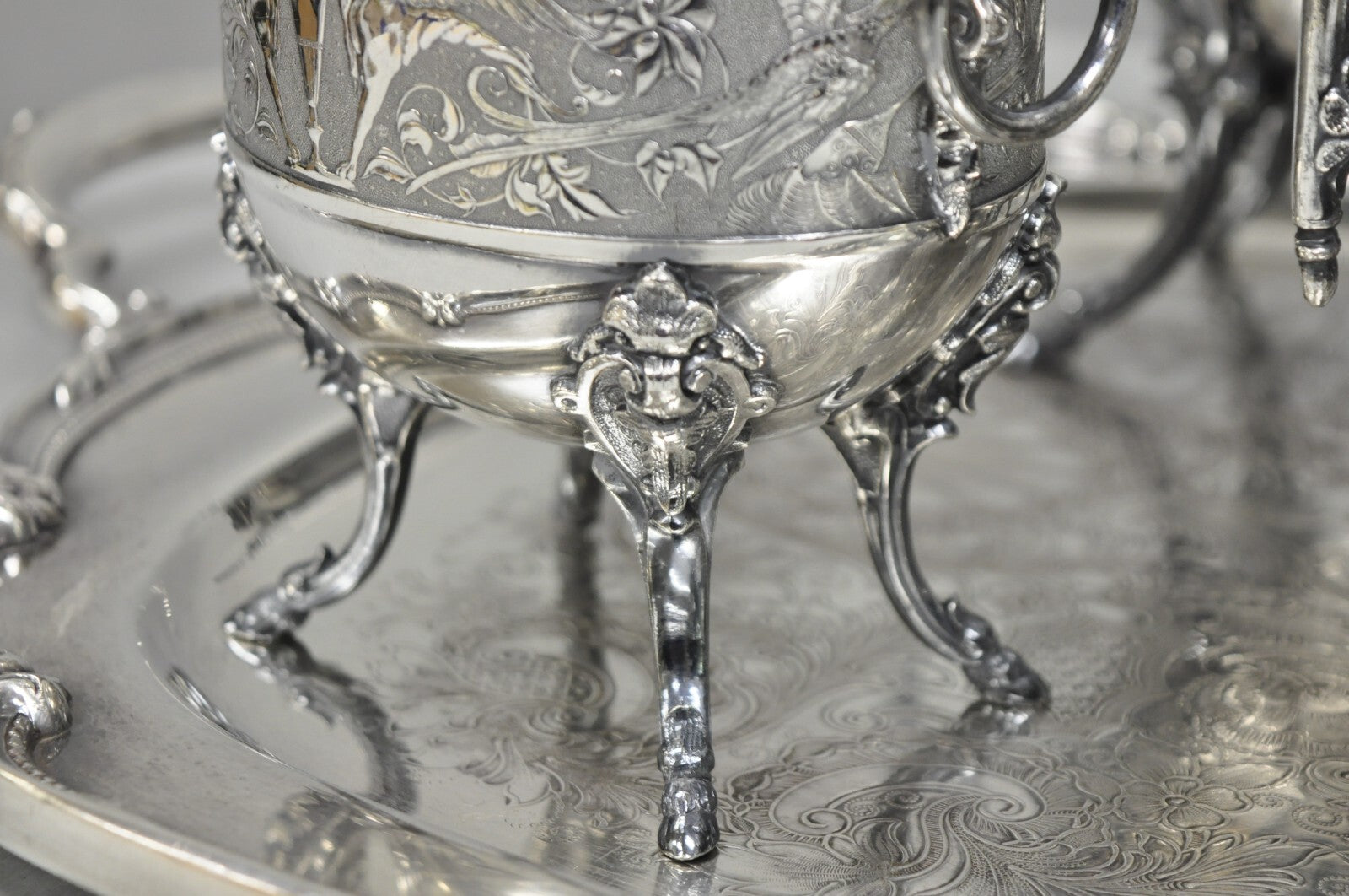 Antique English Baroque Silver Plated Figural Tea Set w/ Rogers Bro Tray - 7 Pcs