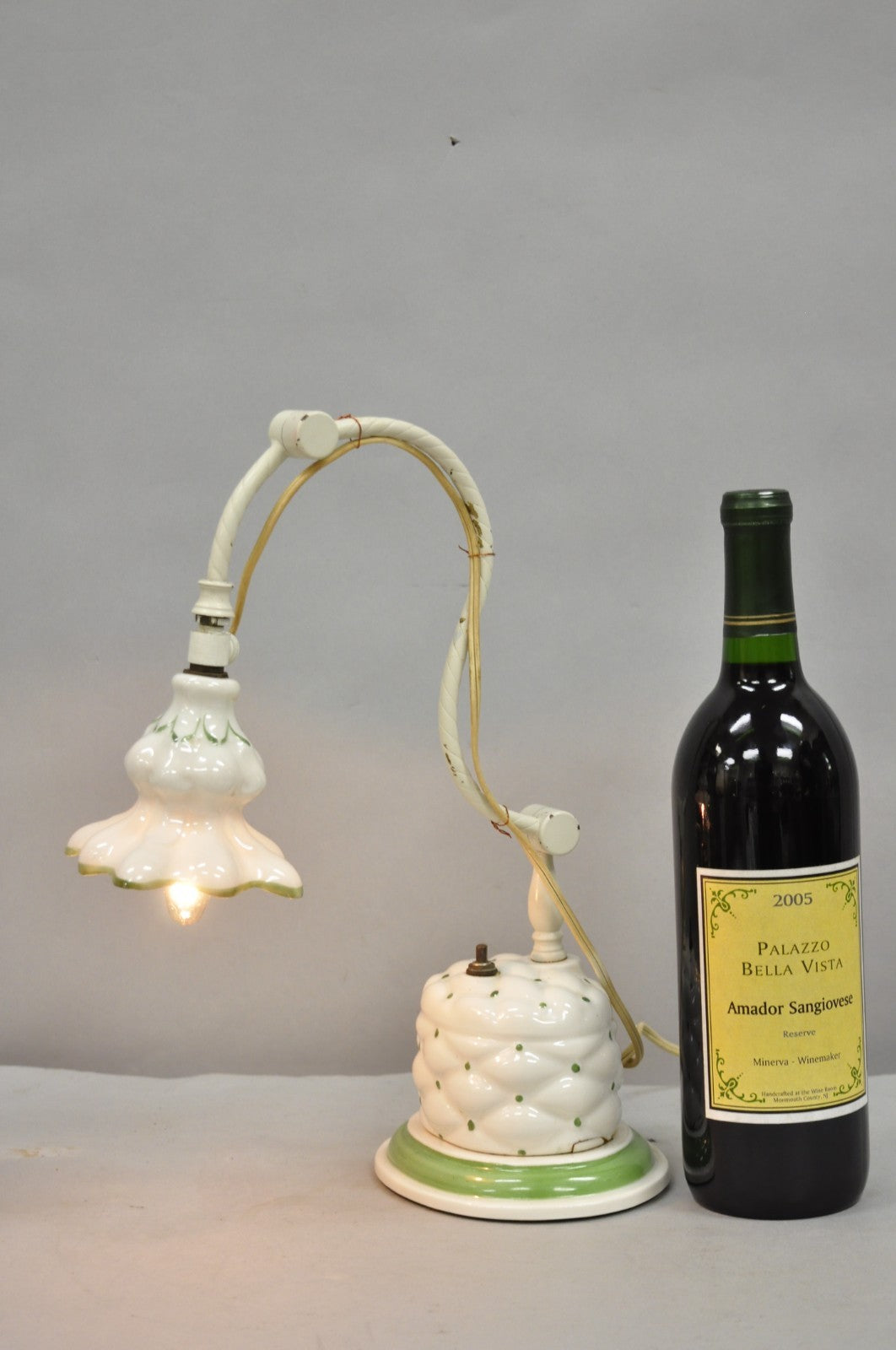 Antique French Art Deco Quilted Porcelain Small Adjustable Boudoir Bedside Lamp