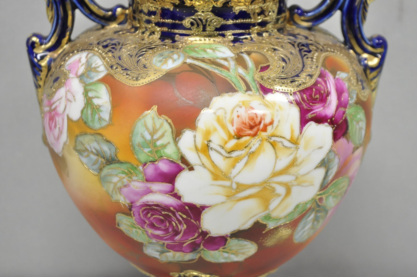 Antique Nippon Hand Painted Floral Design Cobalt Blue Porcelain Bolted Urn Vase