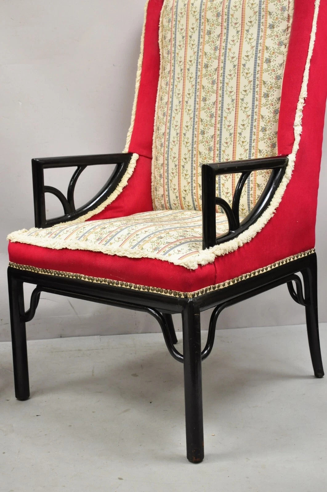Vintage Chinoiserie James Mont Style Black Fretwork Lounge Arm Chairs - a Pair