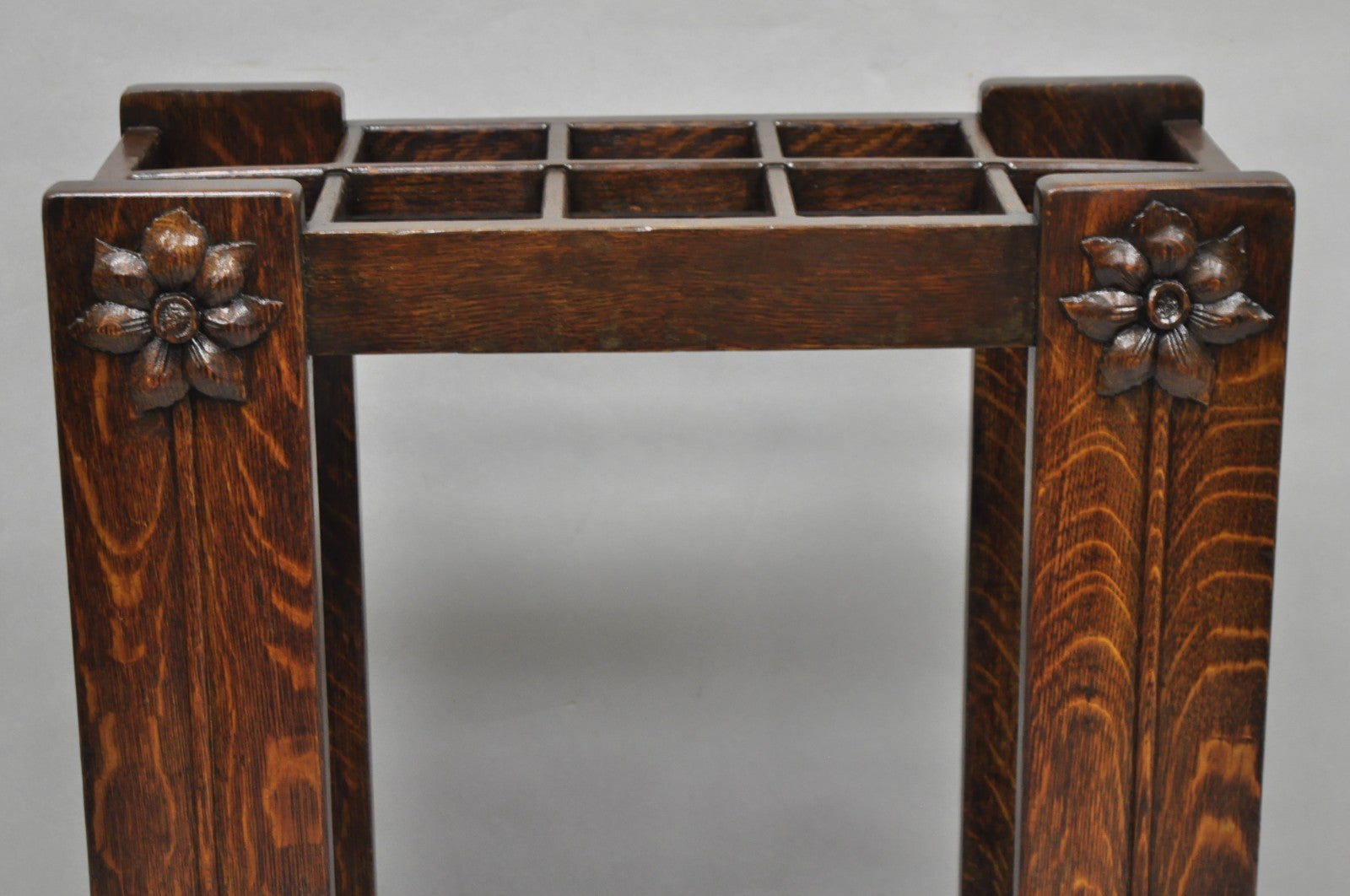 Antique Arts & Crafts Oak Wood Relief Carved Flower Umbrella Stand by MI Chair