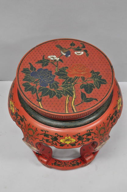 Vintage Chinoiserie Red Lacquer Pedestal Plant Stand Garden Stool Side Table (A)