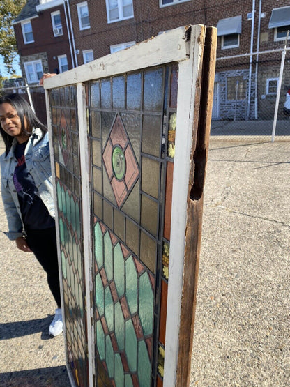 Antique Victorian 70 x 48 Double Stained Glass Window Pink Blue Green Jeweled